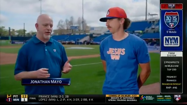#Mets top prospect Brandon Sproat rocking a “Jesus Won” shirt on MLB Network while also emphasizing god as the one who will lead him in his career Love seeing this, and am beyond amped for his spring debut tomorrow 💪🏼✝️