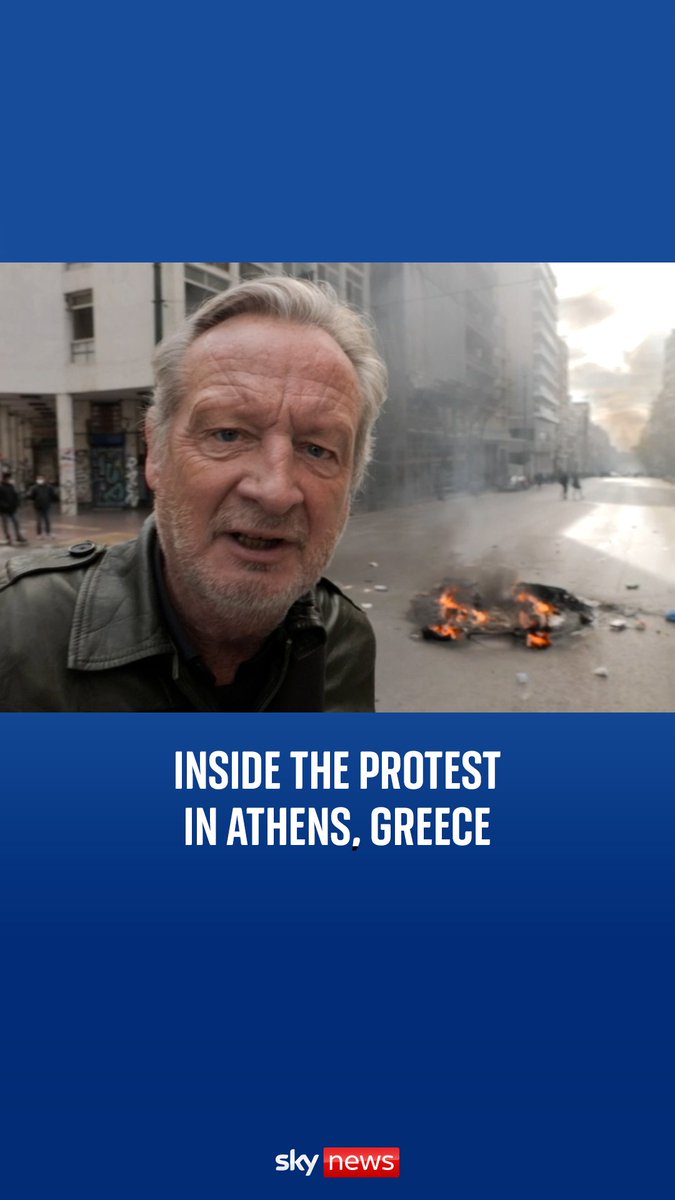.@ramsaysky witnesses the protests in Athens, Greece. Greek police have fired tear gas at demonstrators throwing petrol bombs after a protest marking the anniversary of the country's worst-ever train crash turned violent. Read more: