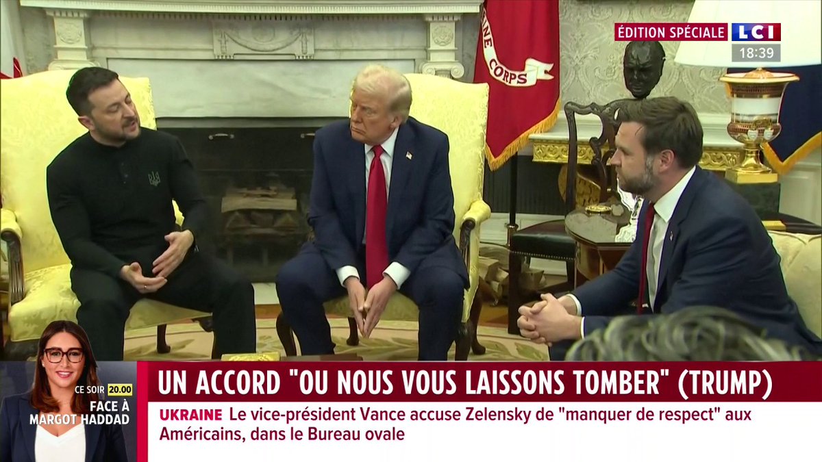 🔴 Rencontre Trump/Zelensky 🗣️ Dans un échange très tendu, le vice-président J.D. Vance accuse Volodymyr Zelensky de "manquer de respect de venir dans le Bureau ovale et d'attaquer l'administration qui essaie de prévenir la destruction de votre pays"