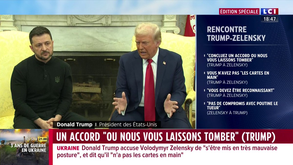 🔴 Rencontre Trump/Zelensky 🗣️ "Sans les États-Unis, vous ne seriez pas un dur" assure Donald Trump à Volodymyr Zelensky