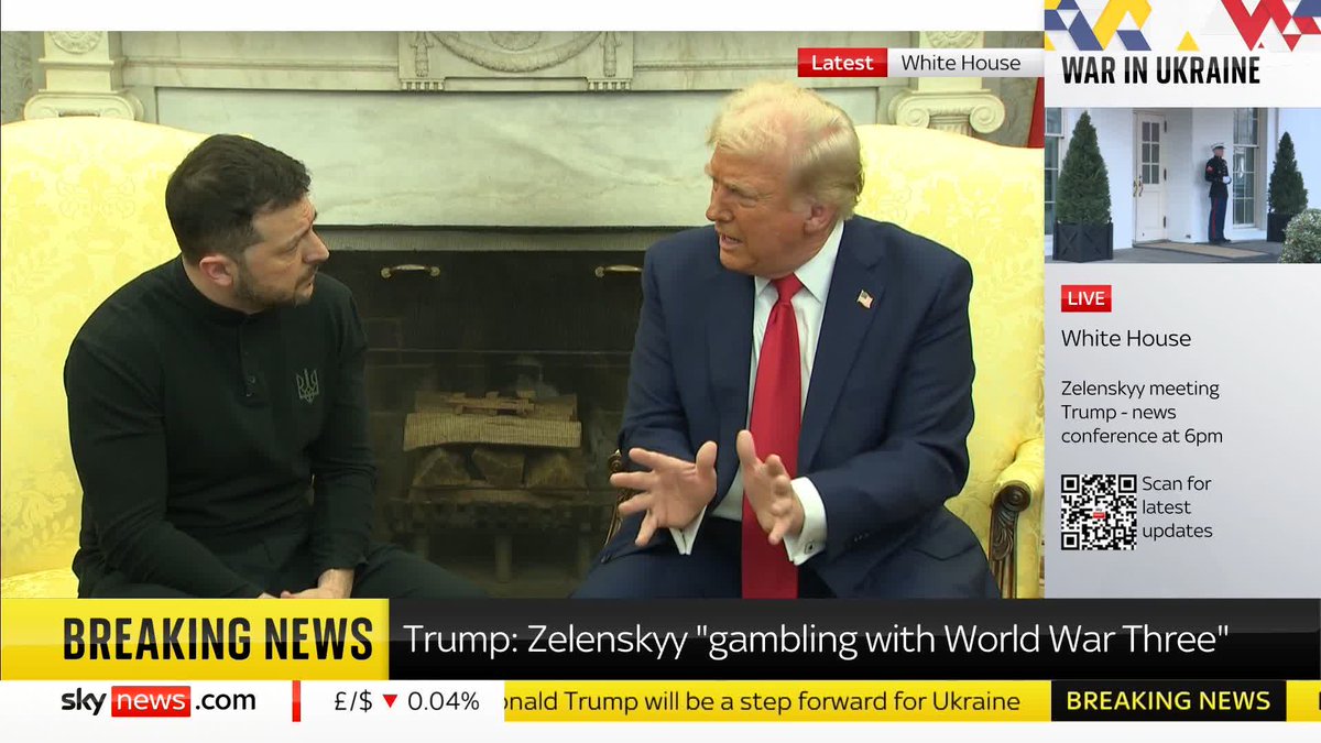 Donald Trump tells Volodymyr Zelenskyy that "you've got to be more thankful" as "you don't have the cards". The US president adds: "With us you have the cards, but without us you don't have any cards." Latest: 📺 Sky 501, Virgin 602 and Freeview 233