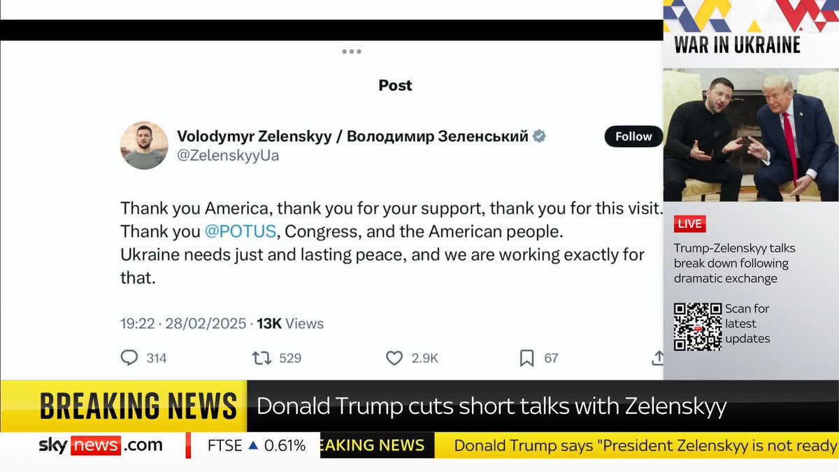 Zelenskyy has posted a statement on X saying: "Thank you America, thank you for your support, thank you for this visit." His post comes after Vance accused the Ukrainian president of failing to be thankful for America's support for Ukraine. Read more: