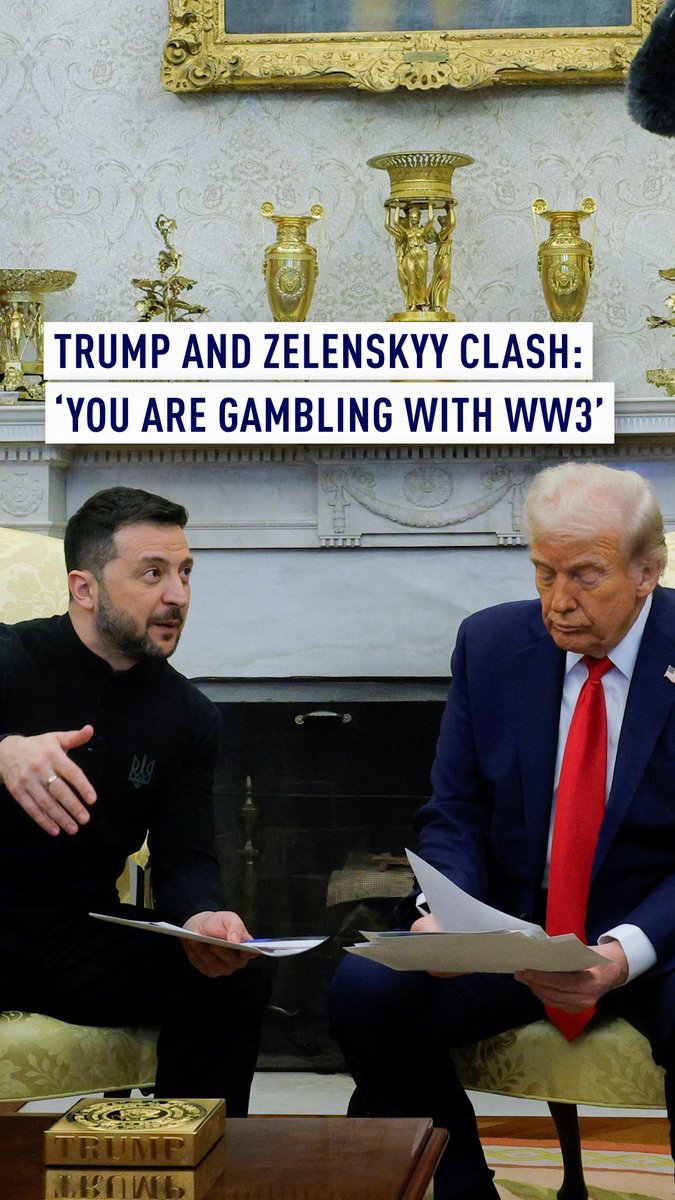 President Donald Trump clashed with Ukrainian President Volodymyr Zelenskyy in a heated Oval Office meeting on Friday, accusing him of risking millions of lives and warning that his actions could spark World War III. "You are gambling with World War Three," Trump told Zelenskyy, urging him to be more appreciative of U.S. support. Vice President JD Vance interjected, saying it was disrespectful for Zelenskyy to argue his case in the Oval Office—a sentiment Trump echoed. "People are dying... you're running low on soldiers," Trump said as the discussion escalated into a shouting match. Trump then issued an ultimatum: "Make a deal, or the United States is out." #Trump #Zelenskyy #Ukraine #Russia #Putin