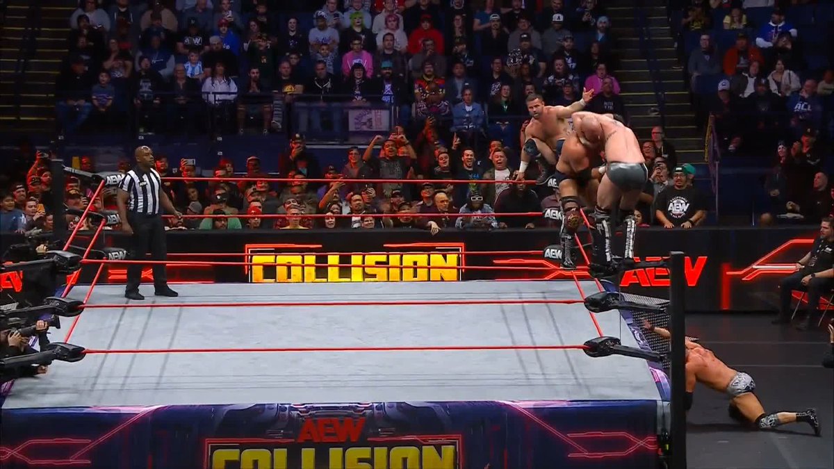FTR in shock at the two-count! Watch #AEWCollision LIVE on TNT &amp; Max @DaxFTR | Daniel “Cash” Wheeler | Kyle O'Reilly | Roderick Strong