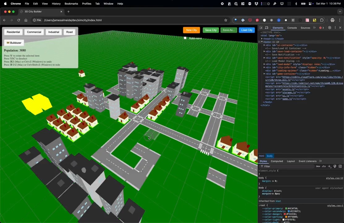 Been using Grok and Cursor to build a SimCity clone. Runs in the browser via HTML + Javascript + Three.js