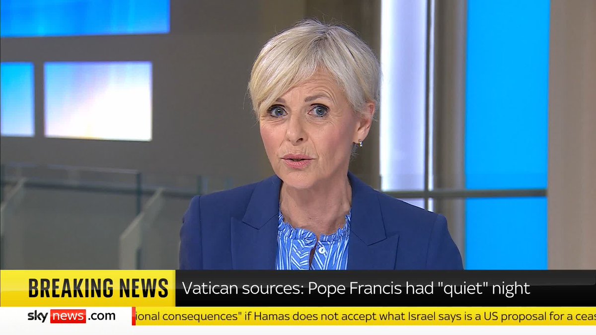 BREAKING: The Vatican says Pope Francis had a 'quiet' night and he is still resting. ➡️ 📺 Sky 501, Virgin 602, Freeview 233 and YouTube