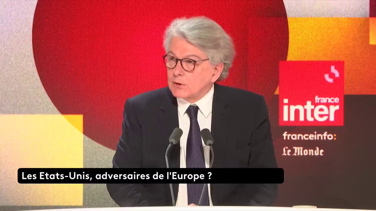 "Il n'est pas minuit moins le quart mais minuit moins une", estime Thierry Breton au sujet de la sécurité de l'Europe. "Il est urgent de nous focaliser sur le seul message : les États-Unis d'Amérique nous ont tourné le dos, ils ne sont plus un partenaire fiable." #QuestionsPol