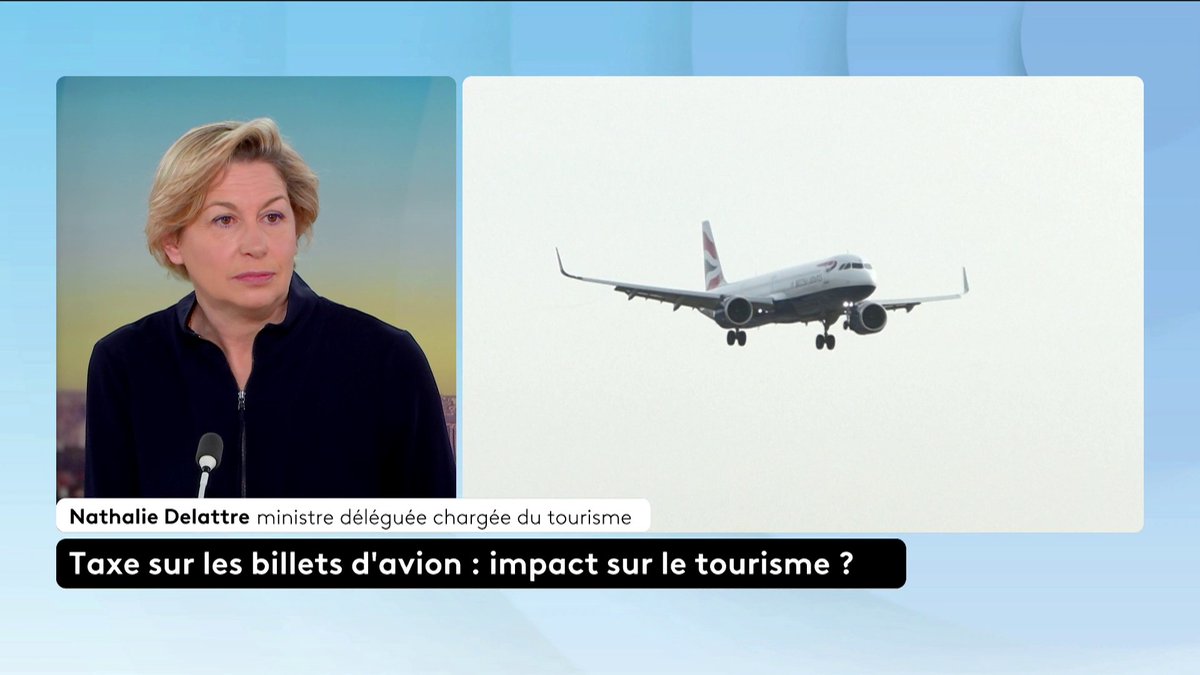 🗣 Nathalie Delattre, ministre déléguée chargée du Tourisme, affirme que la nouvelle taxe sur les billets d'avion n'aura pas d'impact négatif sur le tourisme.