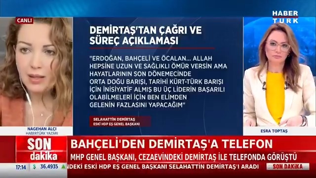 #SONDAKİKA - Bahçeli'den Demirtaş'a telefon... MHP Genel Başkanı, cezaevindeki Demirtaş ile telefonda görüştü. Habertürk Yazarı Nagehan Alci görüşmenin ayrıntılarını #Haftalık'ta Esra Toptaş'a anlattı.