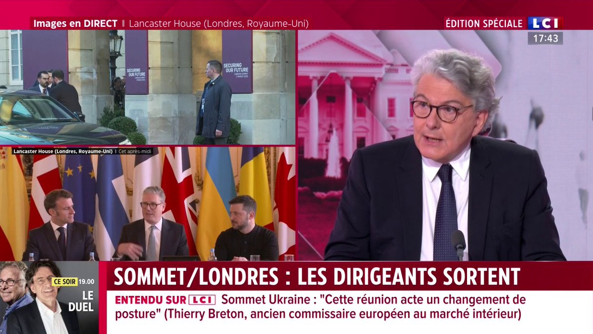 "La défense de l'Union européenne est à la main des États membres (...) Nous ne pouvons plus nous défendre uniquement nous seuls les 27, il faut maintenant envisager une défense européenne avec nos amis britanniques (...) mais aussi les Norvégiens", Thierry Breton