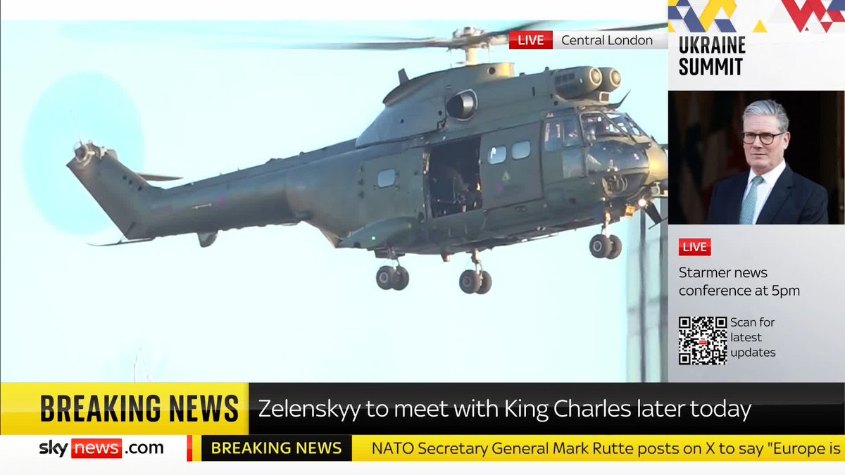 BREAKING: Ukrainian President Volodymyr Zelenskyy has just departed London by helicopter, en route to meet the King. Latest: 📺 Sky 501, Virgin 602, Freeview 233 and YouTube