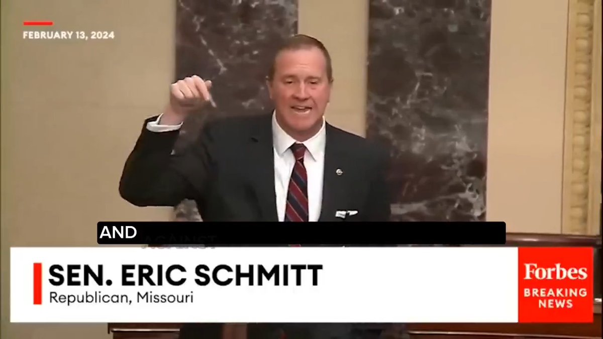 Senator Eric Schmitt, one year ago, during an all-night filibuster against the Ukraine funding bill: “Some of my colleagues have told me this is gonna be the most important vote I'll ever cast...what an utter disconnect what we're doing right now is from where real America is."
