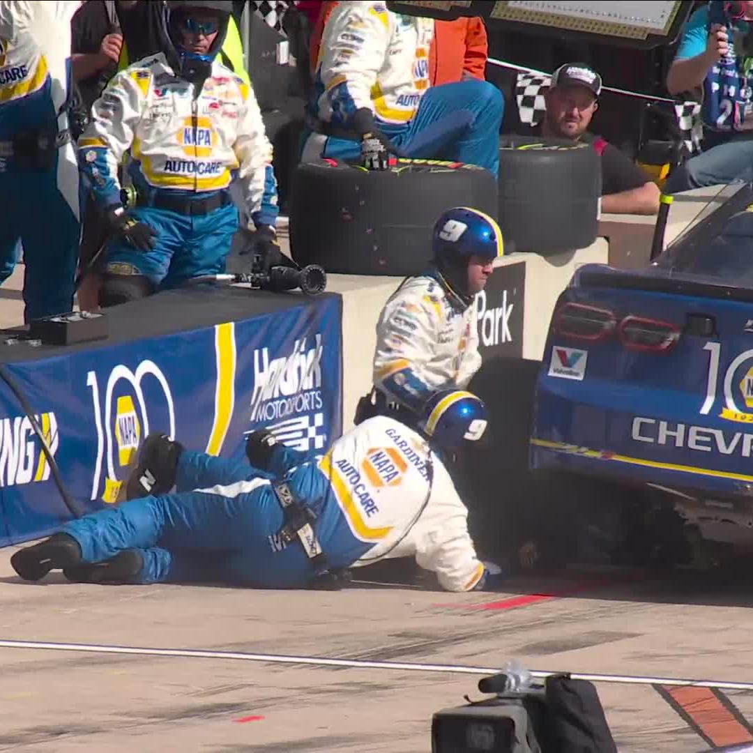 After finishing fifth in Stage 1, the No. 9 returns to pit road to repair the left-rear toe link.