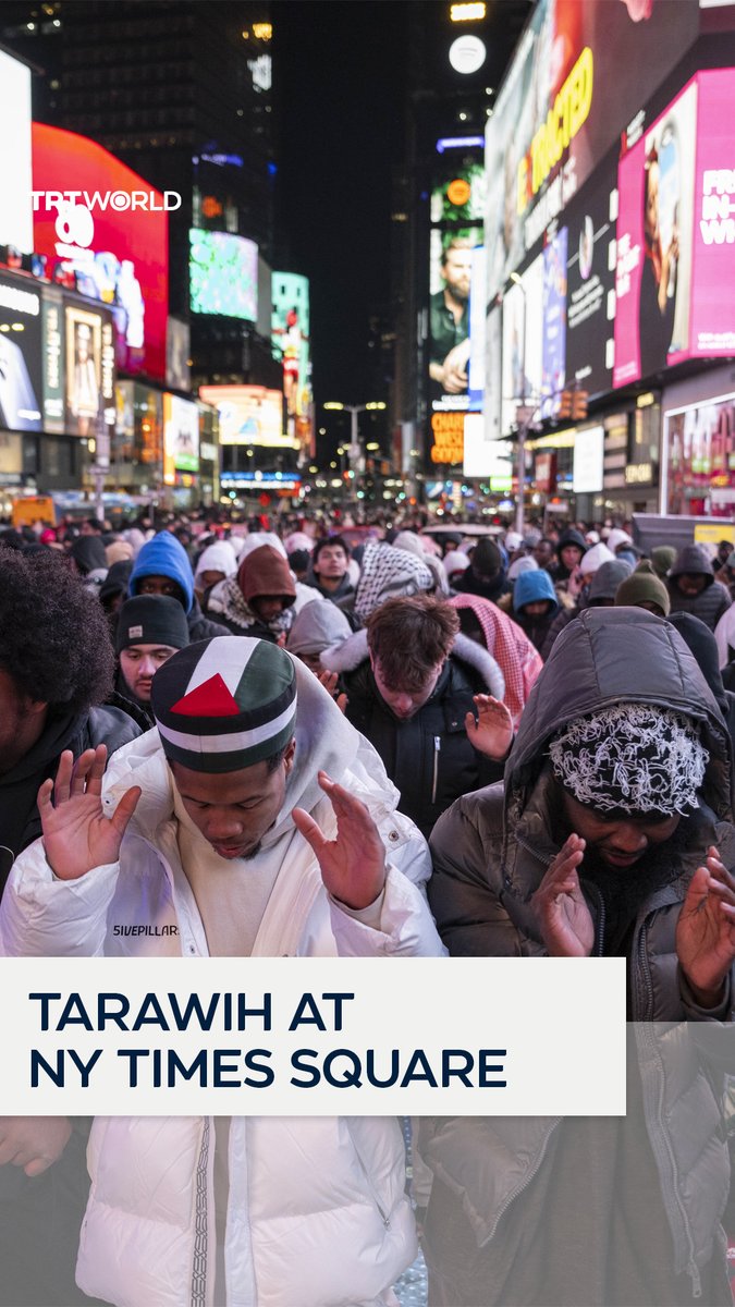 Muslims living in New York came together in Times Square to break their fast and perform tarawih prayers. Tarawih is a voluntary prayer offered after Isha, the final evening prayer, and holds spiritual significance during Ramadan