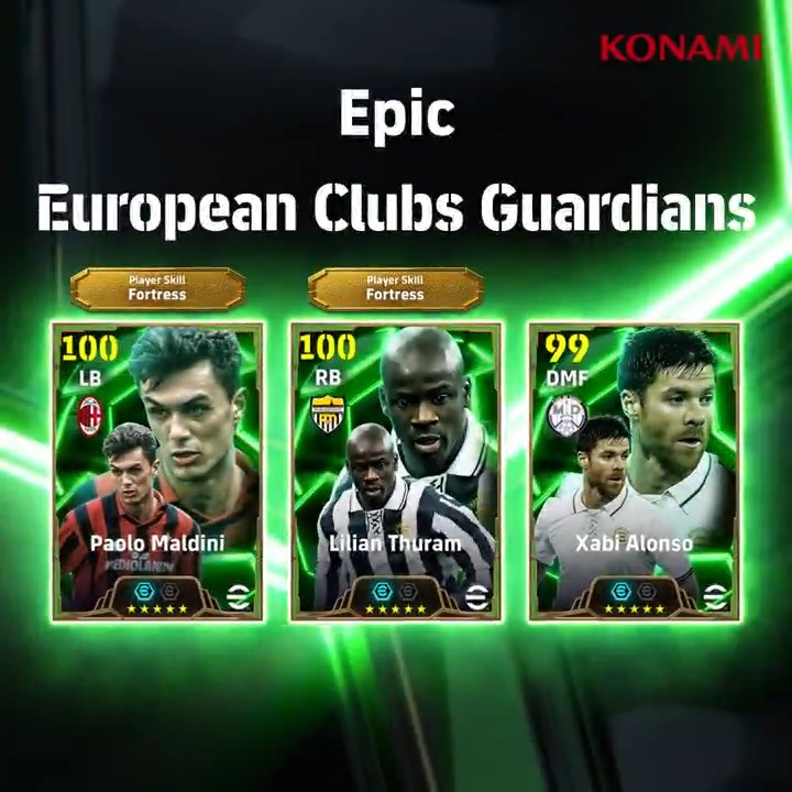 【Epic: European Clubs Guardians】 ブースタースロットを所持した伝説の選手が3名登場! パオロ マルディーニ(シャットダウン +2) リリアン テュラム(スティール +2) シャビ アロンソ(レジスタ +2) 欧州で活躍した伝説の選手たちを獲得してチームを強化しよう! #eFootball #イーフト