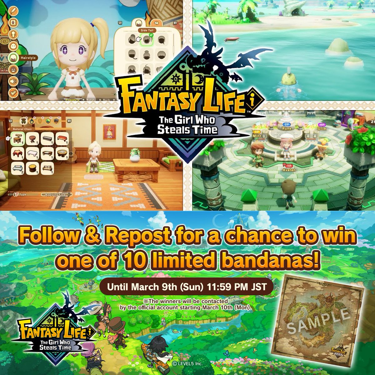 ✨ Follow & Repost for a chance to win a bandana! ✨ See what FANTASY LIFE i and its vast open world of Ginormosia has in store for you in the preview below! We're also giving away 10 bandanas featuring the map of this ginormous world. 🎁 Watch the video for more info!👇 #FLi