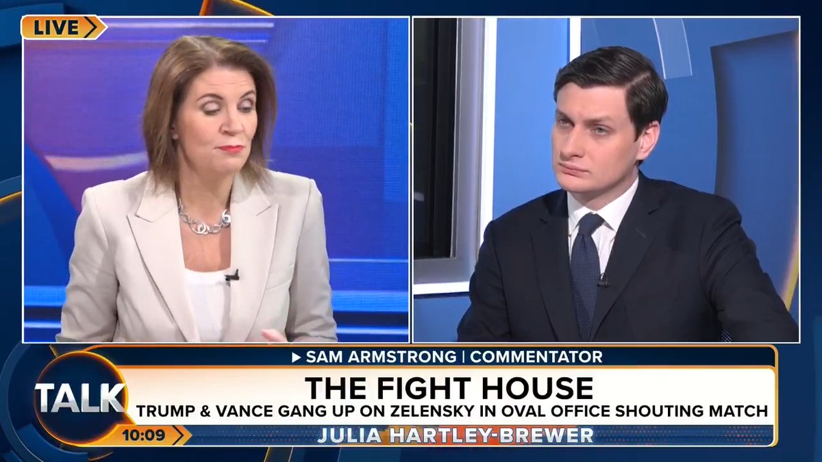 Julia Hartley-Brewer says Donald Trump is "totally beholden" to Vladimir Putin over the Ukraine-Russia war. "Donald Trump is one of the useful idiots of the West believing you can trust Putin’s word, it’s laughable!" Julia Hartley-Brewer
