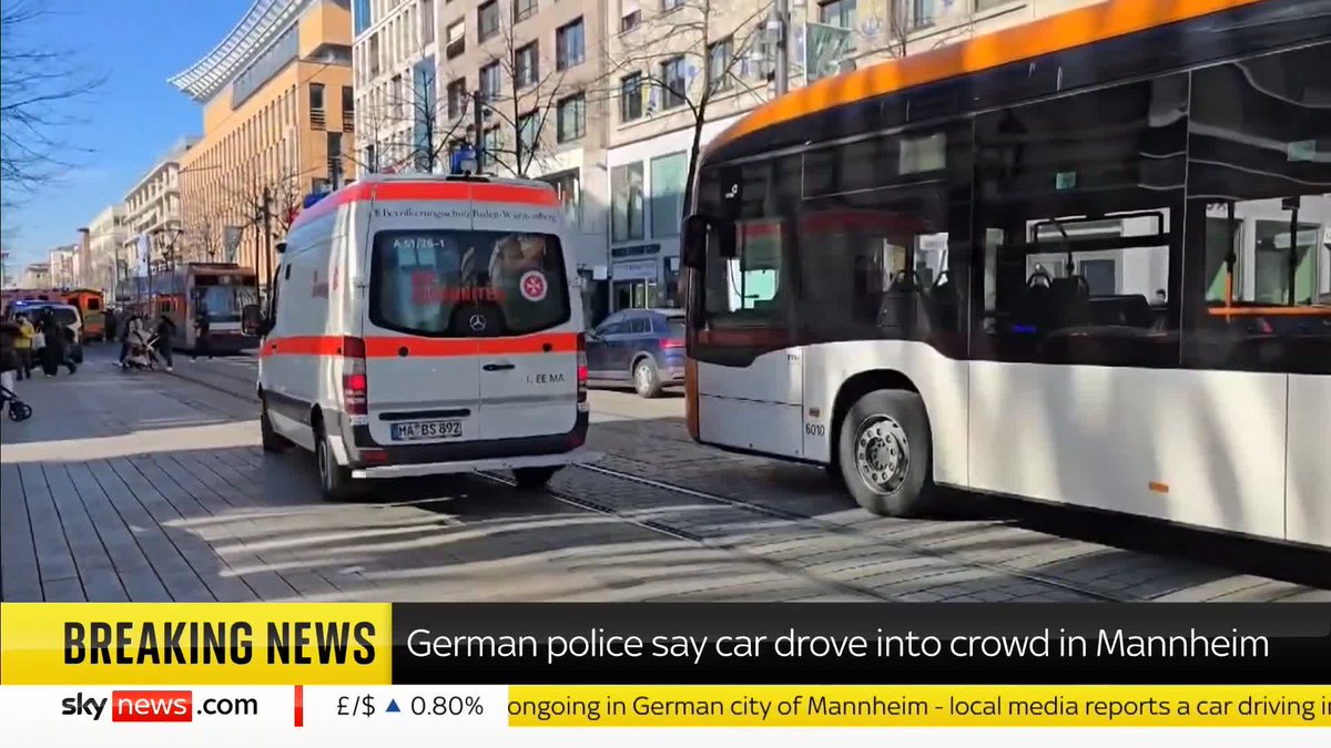 UPDATE: At least one person has been killed and several injured after a car drove into a crowd in Mannheim, German police confirm. 📺 Sky 501, Virgin 602, Freeview 233 and YouTube