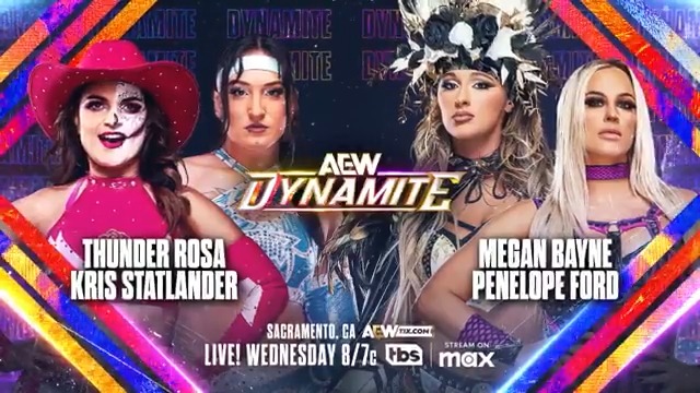 THIS WEDNESDAY! #AEWDynamite Sacramento, CA LIVE, 8ET / 7CT on TBS Network + @SportsOnMax @CallMeKrisStat + @ThunderRosa22 vs @MeganBayne + @ThePenelopeFord Weeks of tension finally boil over in this huge Tag Team Match on Wednesday Night Dynamite at 8/7c on TBS + Max!