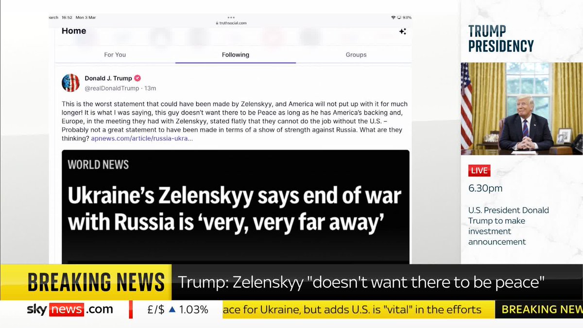 BREAKING: President Trump says the President Zelenskyy made "the worst statement that could have been made" when saying that the end of the war with Russia is "very, very far away" David Blevins has the latest Latest ➡️ 📺 Sky 501 and YouTube