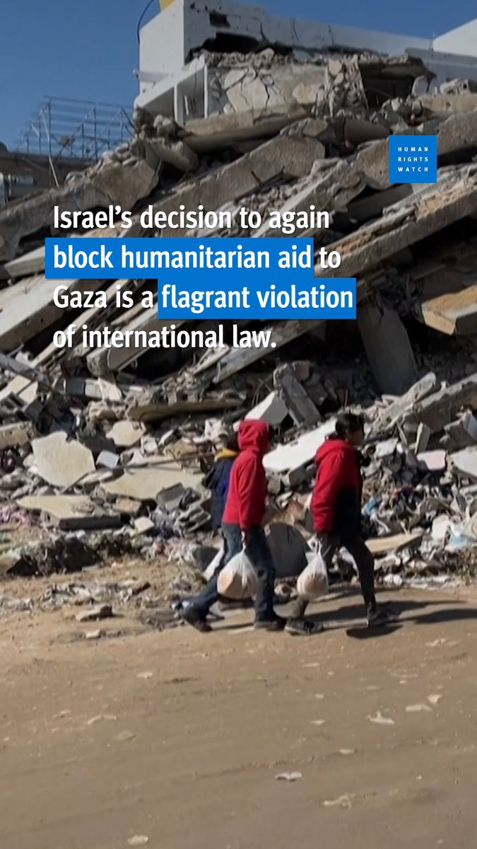 Israel has again decided to block humanitarian aid to Gaza in violation of international law. States should press Israel to reverse course and restore aid as well as water and electricity to Gaza.