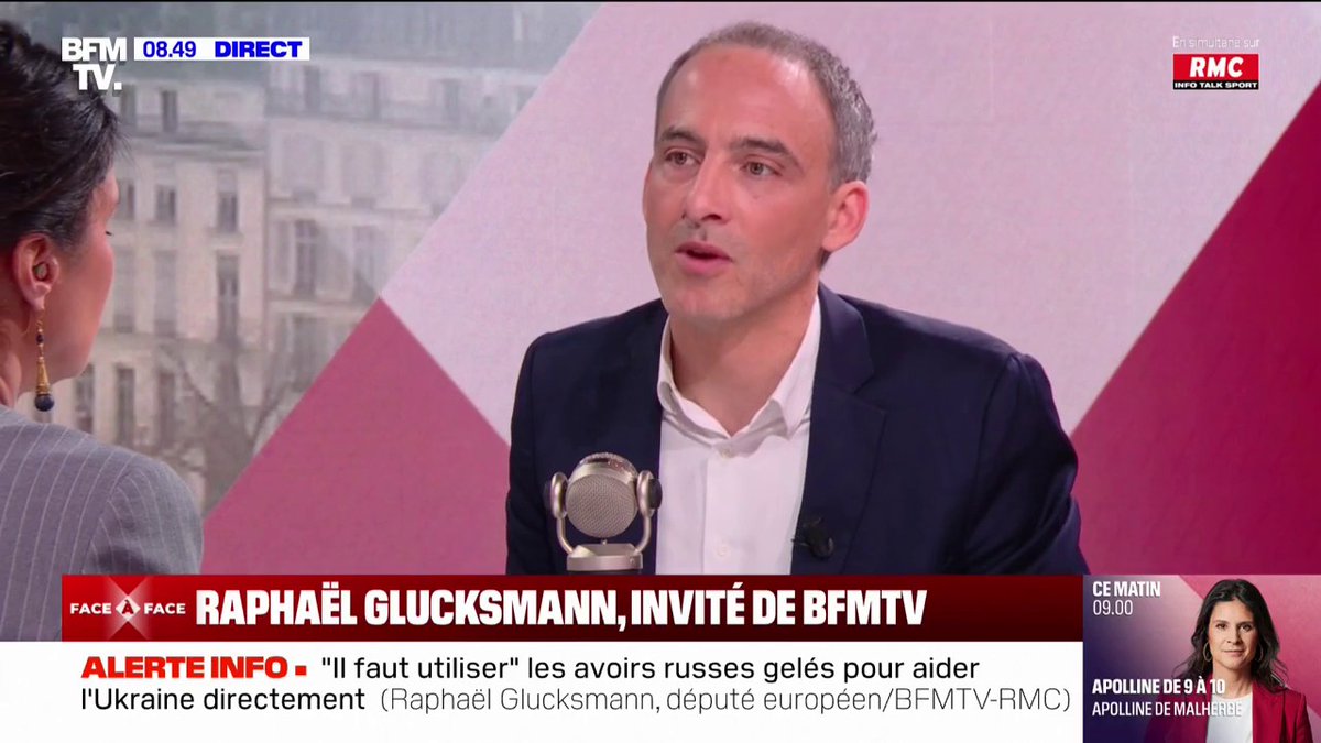 "Des patriotes de pacotille": Raphaël Glucksmann cible Marine Le Pen, "du côté des adversaires des intérêts de la France et de l'Europe"