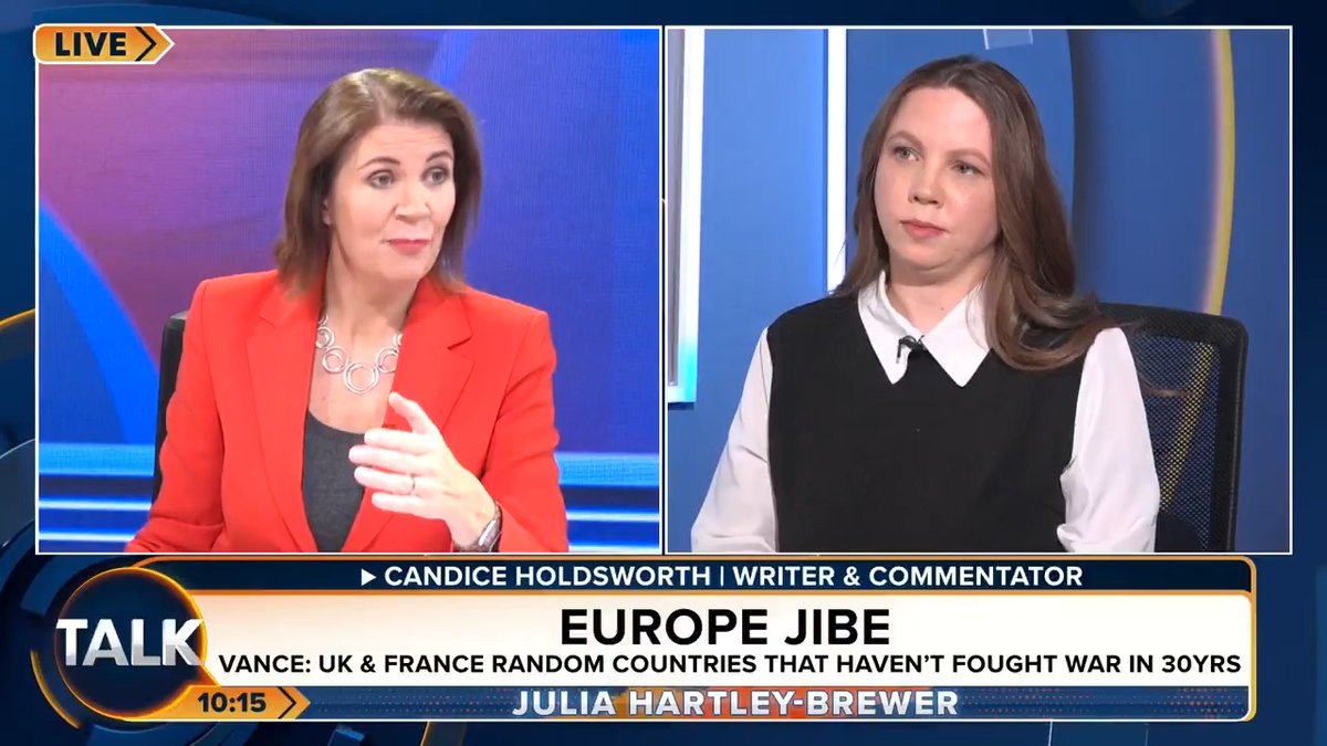 Julia Hartley-Brewer hits out at JD Vance after he said the UK is a 'random country that hasn't fought a war in 30 years'. "You invoked Article 5 of NATO… we joined your forces in Afghanistan. Thousands of European soldiers died. Don’t you dare insult our troops!" Julia Hartley-Brewer