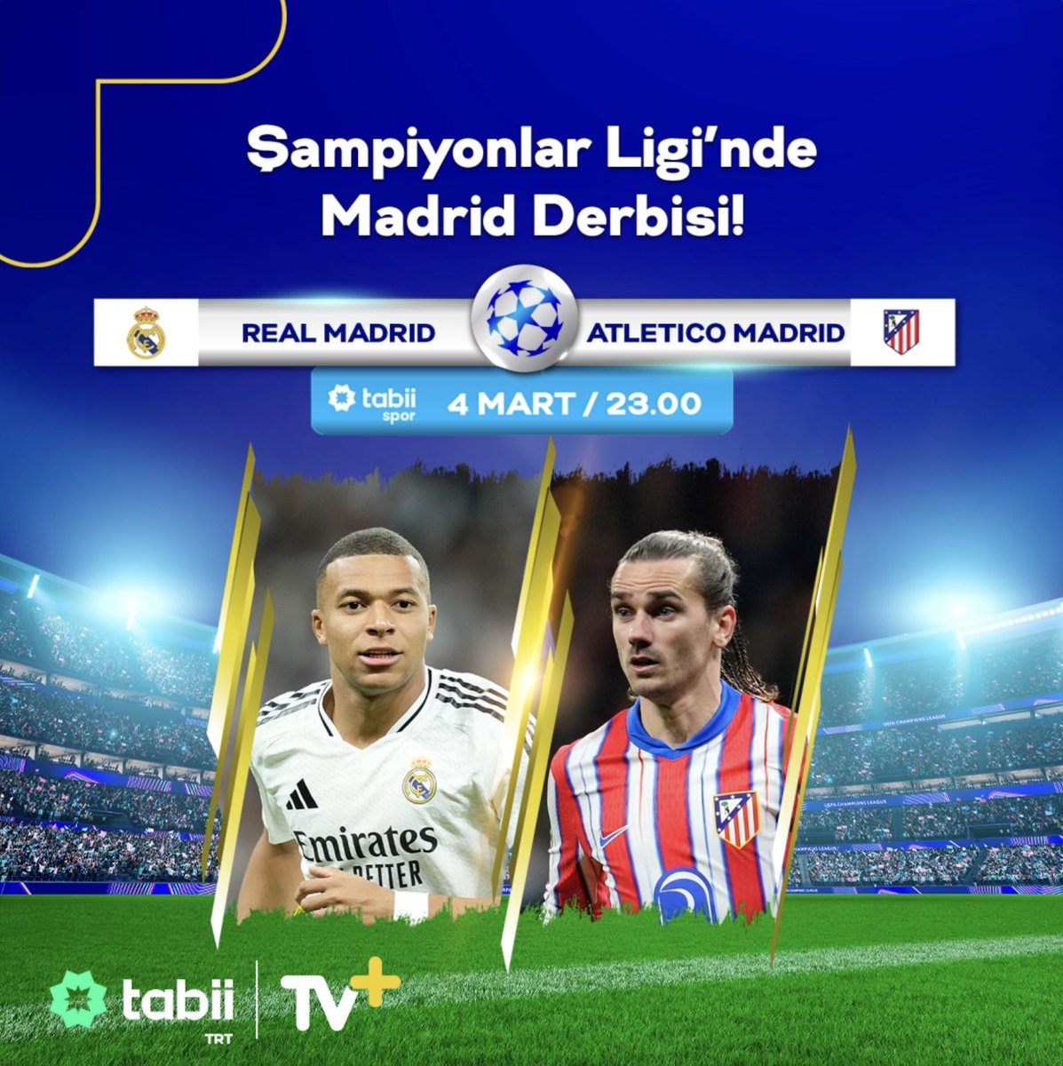 Madrid’in devleri Avrupa sahnesinde! Şampiyonlar Ligi’nde ilk raund, tabii spor ile TV+’ta! ⏰ 23.00
