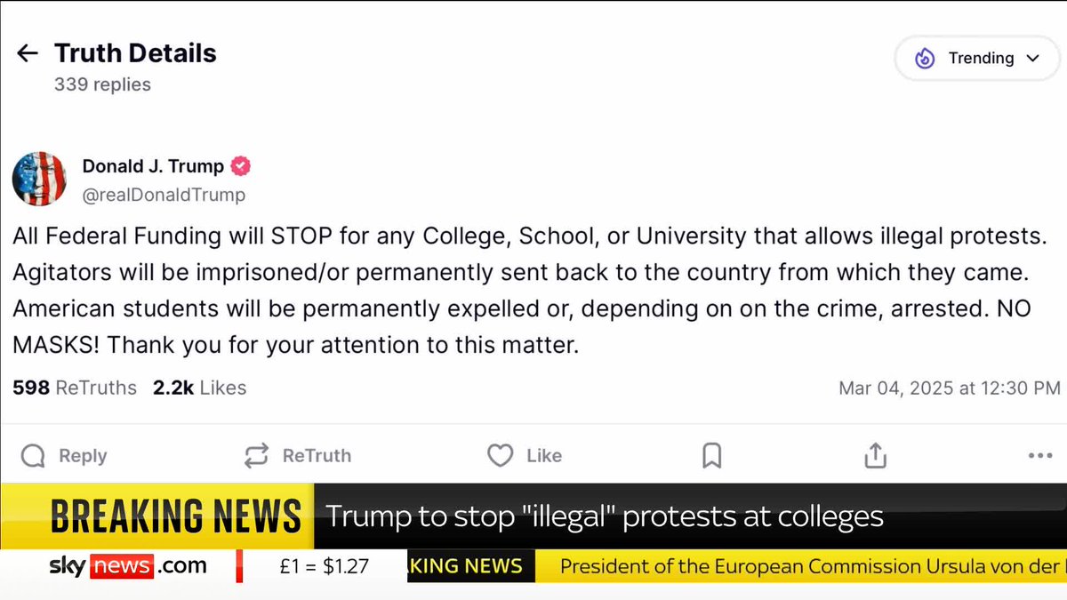BREAKING: President Trump announced on Truth Social that he will stop "illegal" college protests. 📺 Sky 501, Virgin 602, Freeview 233 and YouTube