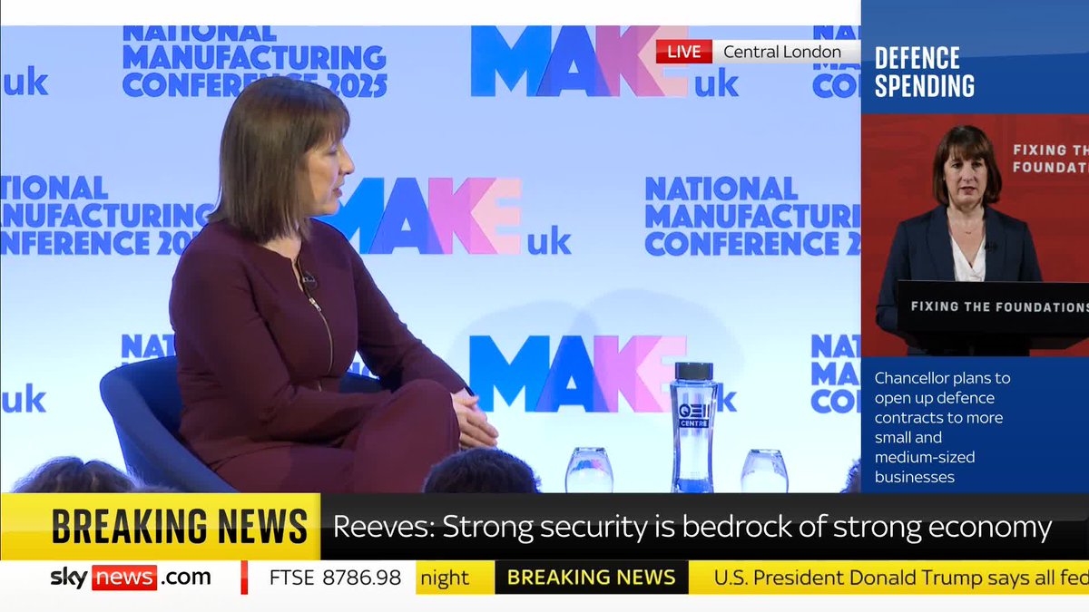 "Strong defence and strong security is the bedrock of a strong economy." Chancellor Rachel Reeves takes questions at the manufacturers' conference emphasising "We absolutely need to spend more on defence to keep our country secure." 📺 Sky 501