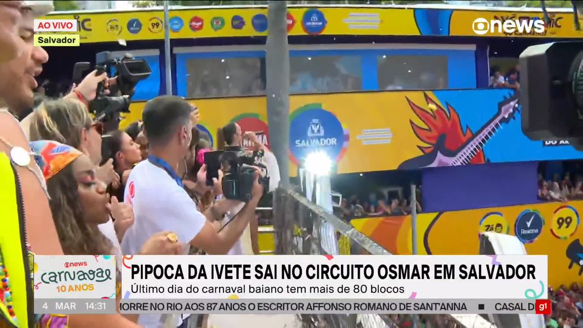 AO VIVO: Pipoca da Ivete sai nesta terça de carnaval em Salvador. Multidão abre corredor para dançar hit. ➡ Assista ao #Estudioi: #GloboNews