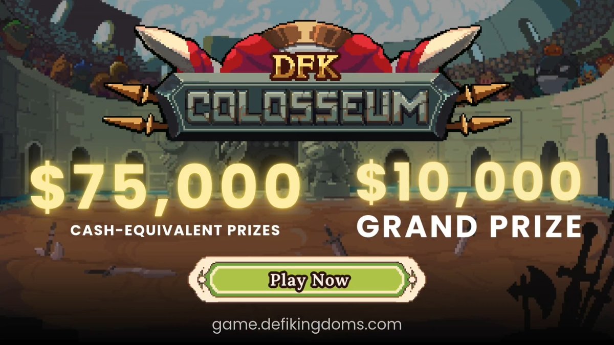 Step into the arena at the DFK Colosseum! Check out the latest video featuring intense Player vs Player, Patrols, and Tournament real-time combat action ⚔️ Fight for $75,000 in total prizes, including a $10,000 GRAND PRIZE! Ready to win big? Play now at