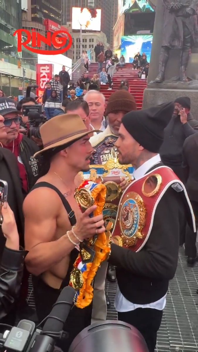 Teofimo Lopez and Arnold Barboza Jr intense face-off in Times Square ahead of their fight here on May 2nd. Ring Magazine card on May 2nd in Times Square powered by #FatalFury: City of Wolves in collaboration with @KOFstudio_EN.