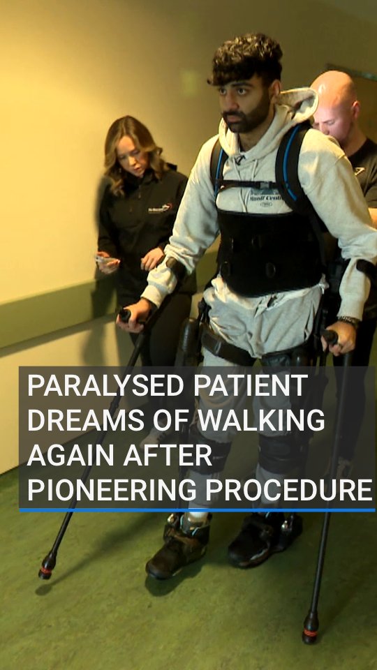 20-year-old Yousaf Ghaffar who was paralysed from the waist down in a road crash has been learning how to walk again after a pioneering spinal procedure. He can now experience sensation and movement in his legs after the groundbreaking treatment |