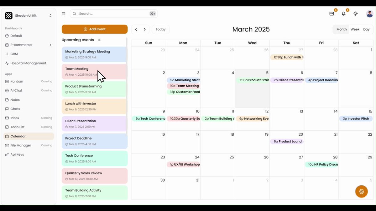 Calendar app coming to shadcn ui kit 🎉. I continue to work on it. See you soon 🫡.
