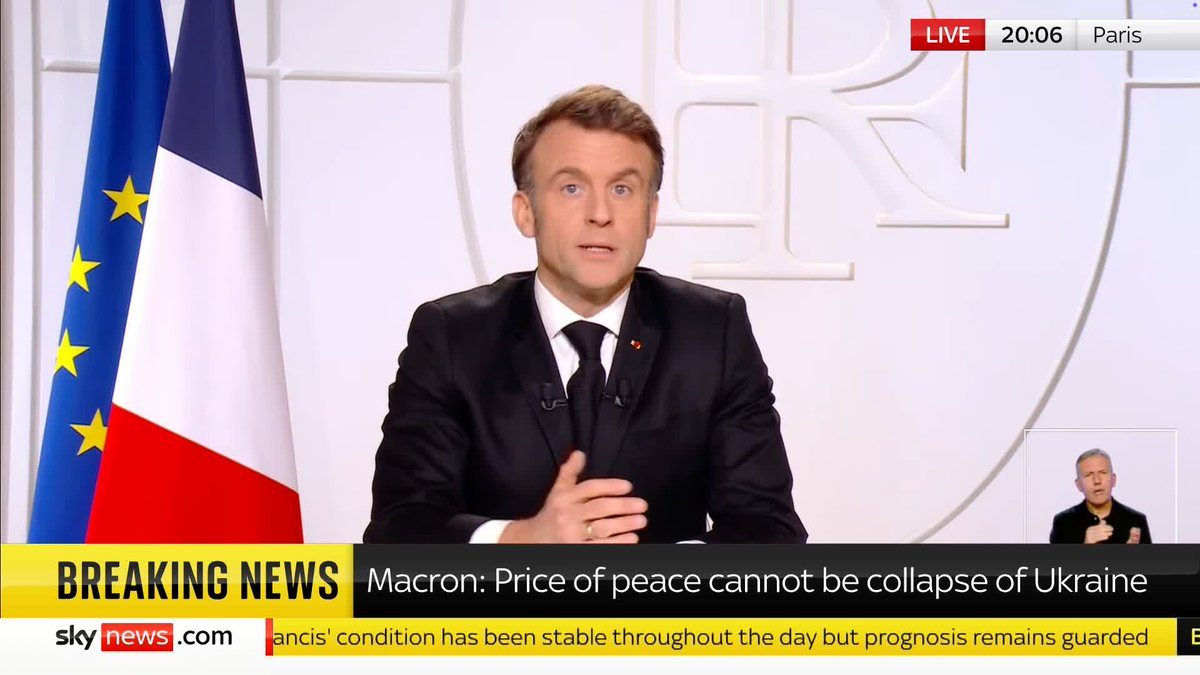 "The future of Europe cannot be decided in Moscow or Washington." French President Emmanuel Macron speaks to his nation in a televised address, adding: "I want to believe that the US will stand by our side, but we have to be ready for that not to be the case."
