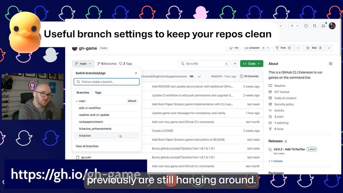 🤩 We're approaching our favorite time of week, Rubber Duck Thursdays! Come and hang out with us as we code live, talk tech, and have fun building things! 👀 Last week we shared how you can keep your repositories tidy by deleting branches when they're merged in a PR. What other tips would you like to learn? 🍿 Tune in on Thursdays at 10:30 a.m. GMT or 2:00 p.m. ET