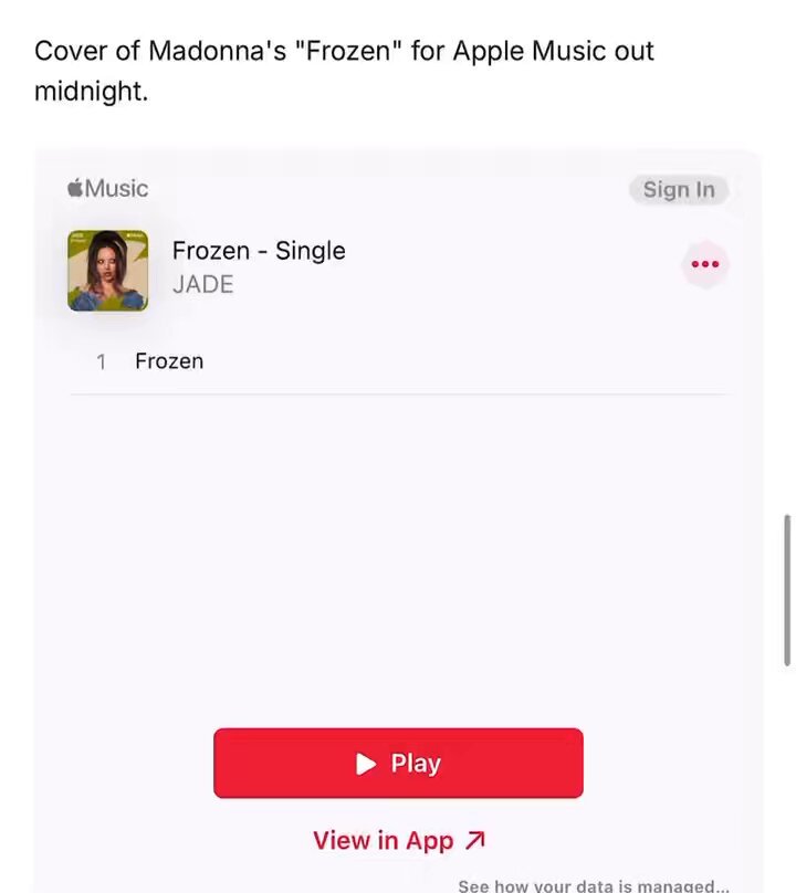 🚨JADE irá lançar um cover de 'Frozen' da Madonna na Apple Music hoje!