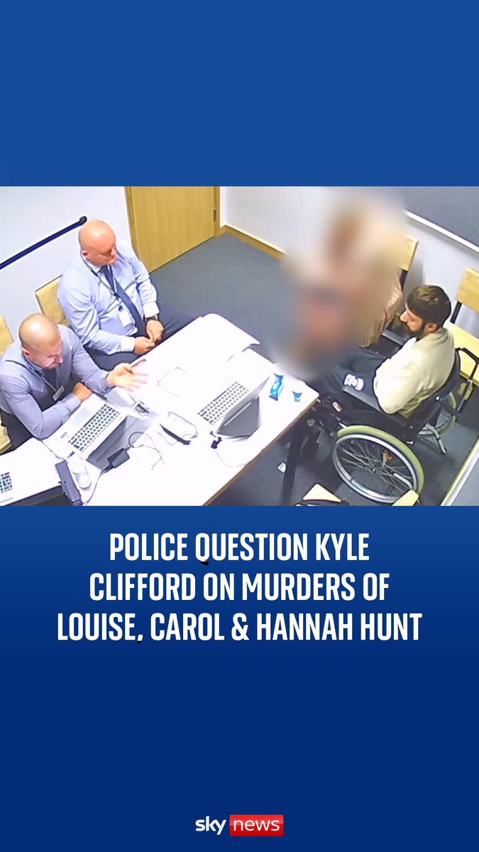 Police released the footage of Kyle Clifford’s interrogation after he was found guilty of rape in the attack in which he killed killing Carol, Louise and Hannah Hunt. He was seen using a wheelchair after shooting himself with a crossbow.
