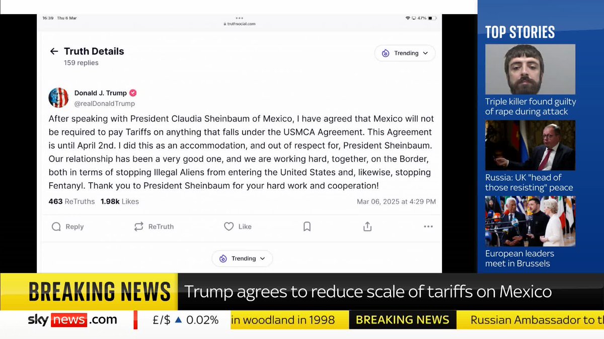 BREAKING: US President Donald Trump is going to lift the tariffs that have been imposed on Mexico. 📺 Sky 501, Virgin 602, Freeview 233 and YouTube