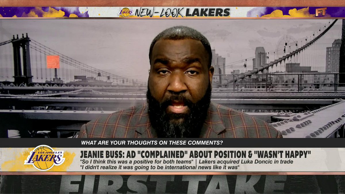 "Jeanie Buss addressing these comments on AD sounds like Jerry Jones on the Cowboys." 😳 —@kendrickperkins on Jeanie Buss saying Anthony Davis "wasn't happy" before being traded for Luka Doncic 👀