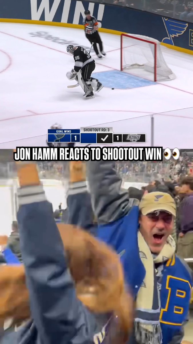 Jon Hamm might be an award-winning actor but his reaction to the Blues shootout winner in L.A. was all real