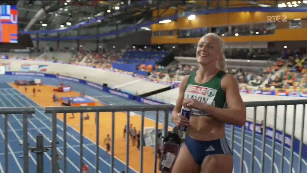 An elated Sarah Lavin speaks to David Gillick after her super 60m hurdles heat victory at the European Indoors #RTEsport