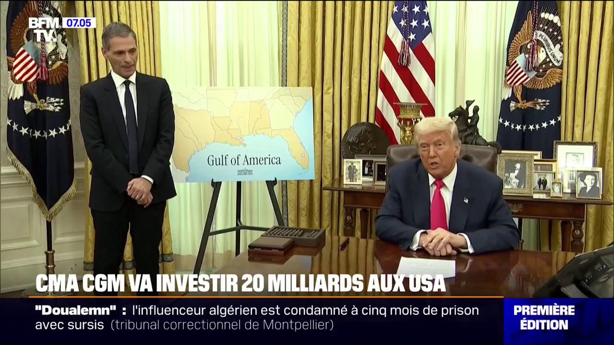 Donald Trump annonce un investissement de 20 milliards de dollars aux États-Unis de l'armateur français CMA CGM CMA CGM est propriétaire du groupe RMC-BFM