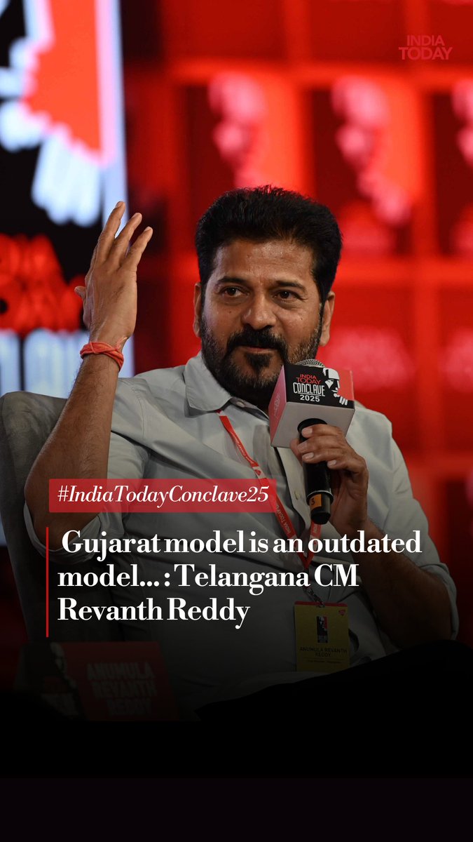 ''Gujarat model is an outdated model. It is like a test match model. Telangana model is 20-20 model. Telangana model is the model for the country,'' Telangana CM Revanth Reddy #IndiaTodayConclave25 #IndiaTodaySocial #Telangana #Gujarat | Rajdeep Sardesai Revanth Reddy