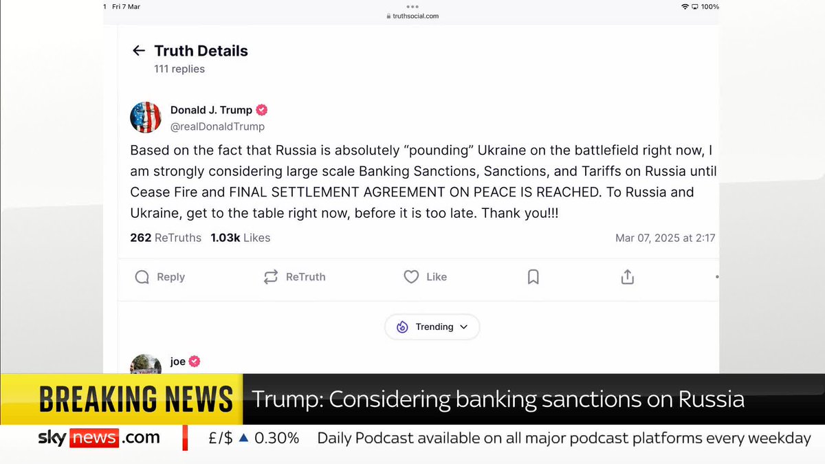 BREAKING: US President Donald Trump says he is 'strongly considering' large-scale banking sanctions and tariffs on Russia until there is a ceasefire and a 'final settlement agreement on peace is reached'. ➡️ 📺 Sky 501, Virgin 602, Freeview 233