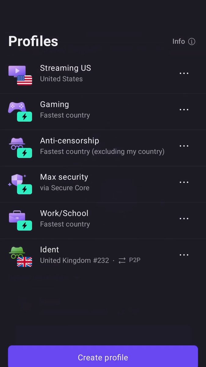 You can create Profiles with Proton VPN to configure your VPN connection, including: - Type (P2P, Secure Core, Gateway) - Country - City - Specific server Here’s how to quickly set up a profile so you can connect with just one tap every time: