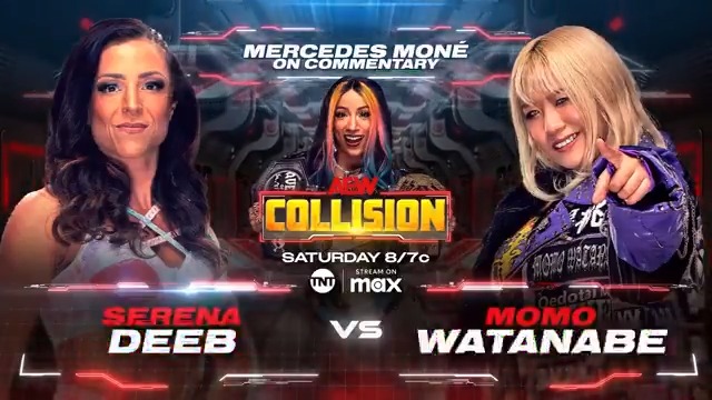 TOMORROW 24 hours before #AEWRevolution #AEWCollision 8ET/7CT on @TNTDrama + @SportsOnMAX Momo Watanabe vs Serena Deeb Before her TBS title match at Revolution, 渡辺 桃 takes on The Professor Serena w/ TBS Champ Mercedes Moné Varnado on commentary TOMORROW NIGHT!
