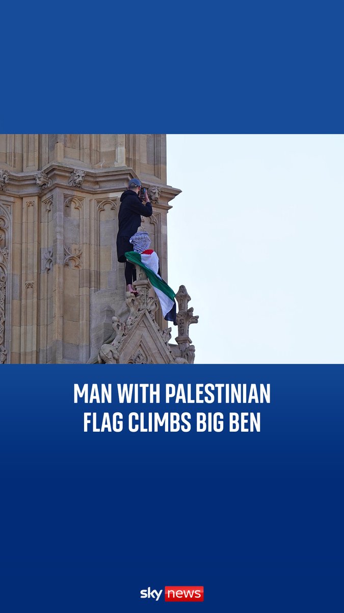 Police were called to the Palace of Westminster after a man appearing to hold a Palestinian flag was seen climbing up the tower which houses Big Ben. Read more:
