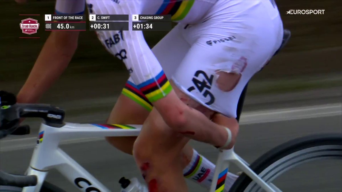 Pogacar, de esta guisa tras la caída 😬 Sigue en la lucha por la victoria pese a las heridas 🤕 #StradeBianche